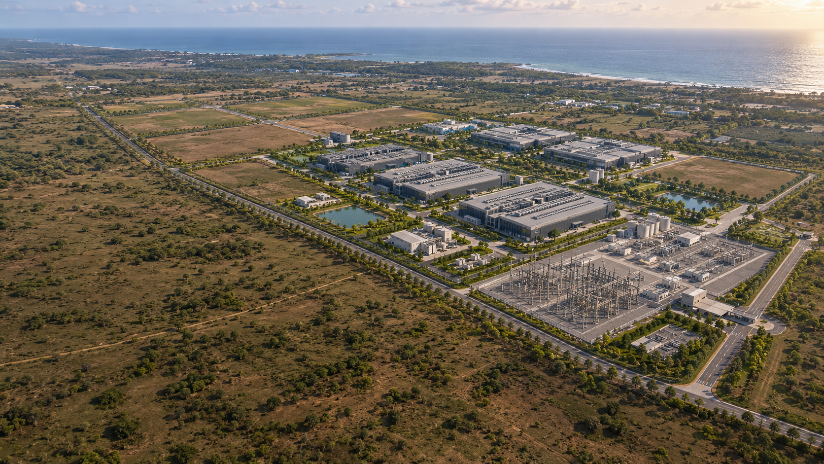 Aerial concept view of the Setupuram campus site: 200 contiguous acres on the southern coast