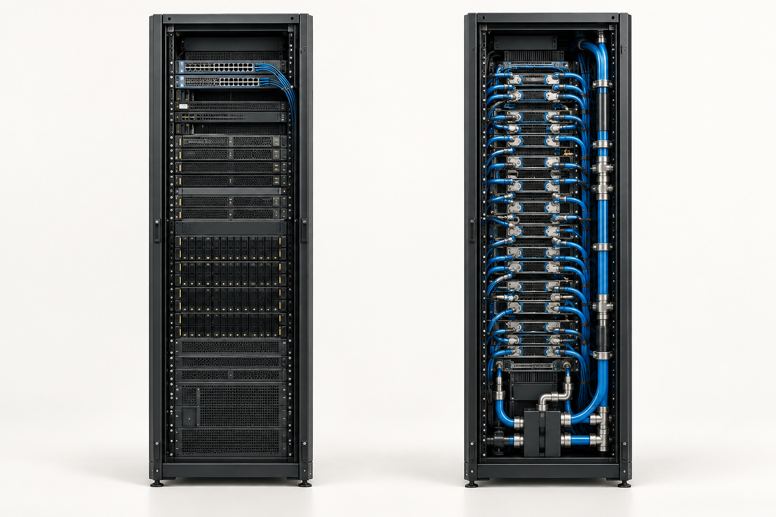 Conventional server rack vs liquid-cooled AI compute rack