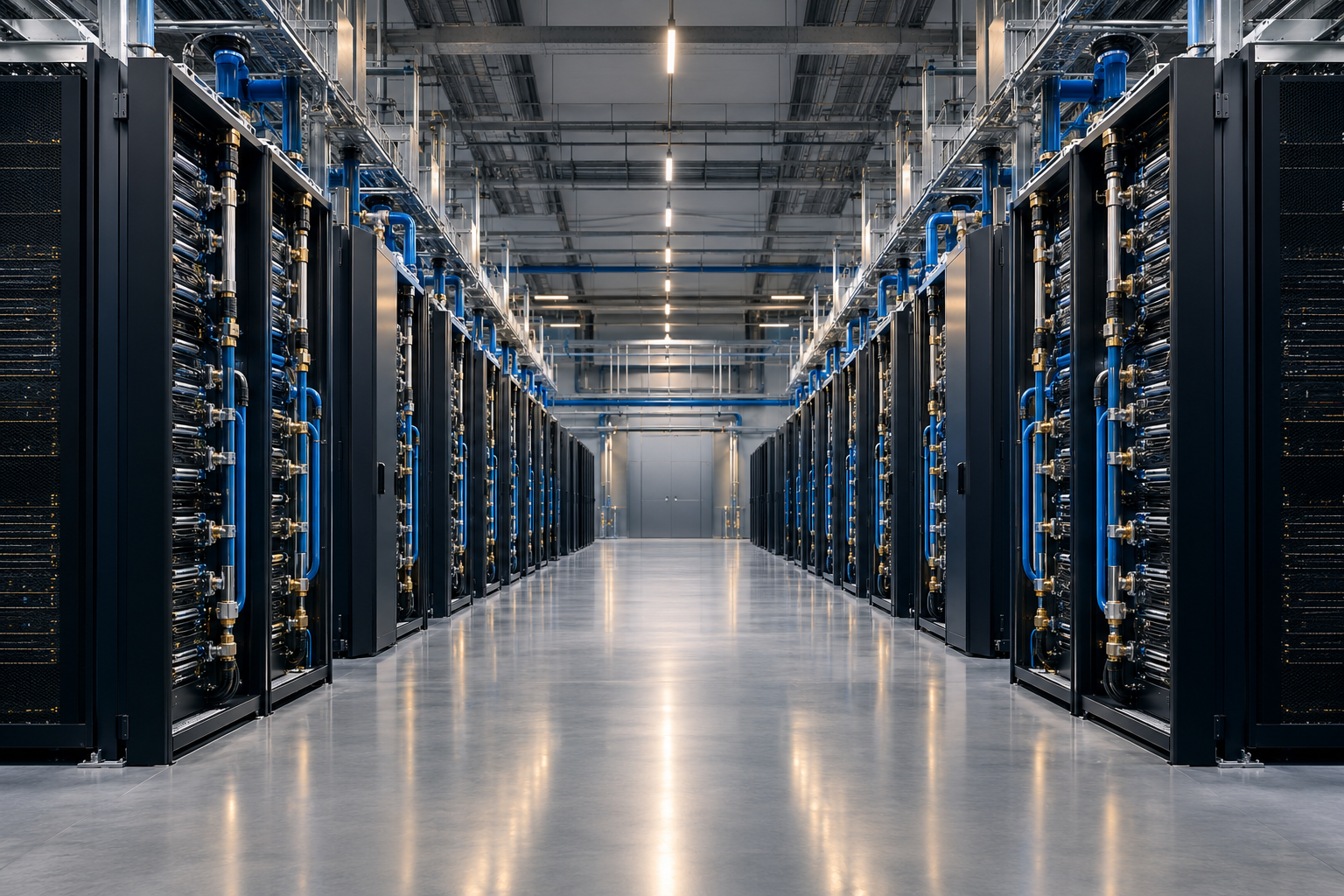 Interior of a liquid-cooled AI data hall with blue coolant piping and rack rows