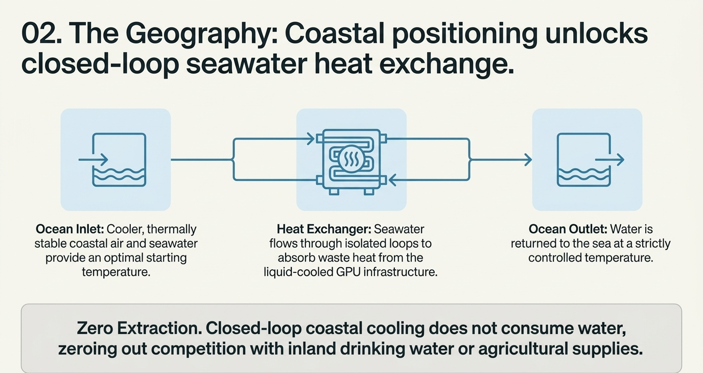 Closed-loop seawater heat exchange diagram: Ocean Inlet, Heat Exchanger, Ocean Outlet